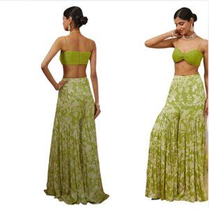 Z&L Europe Volos Green Floral Wide Leg Tiered Ruffle Pants, Small/Medium